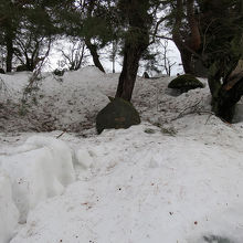 「上杉神社」の参道の左手、雪の上に頭の出ている石を発見