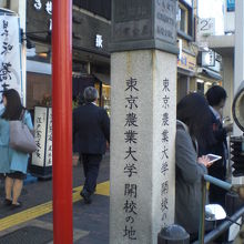 東京農業大学開校の地の石碑を、目白通りの車道から撮影した写真