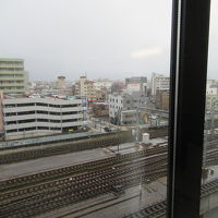 線路側の7Ｆの部屋からの眺望。晴れていれば遠くに山並みも