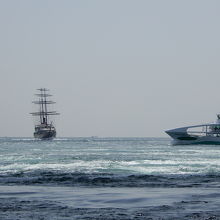 左は淡路島からの大型船、右はうずしお観潮船
