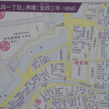 安政３年頃の飯田町の地図です。現在地とある地点に碑があります