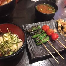 鰻山かけ、野菜串