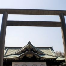 靖国神社の中門鳥居です。奥は、拝殿です。檜造りとのことです。