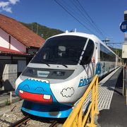 ポップな塗装の列車です。河口湖駅から富士山駅間は特急料金なしで特別に乗車できます。