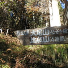 ［大尾山（45分）を経て比叡山（4時間）］の道標です。