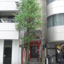 神田不動通りから見た出世不動尊です。ビルとビルの間にあります