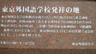 東京外国語学校発祥の地は、一ツ橋交差点と一ツ橋のほぼ中間地点、白山通りの西側にあります。