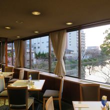 大きく開いた窓からは佐賀城の濠・緑・桜