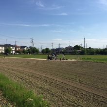 田んぼの真ん中に三県境が見えてきました。