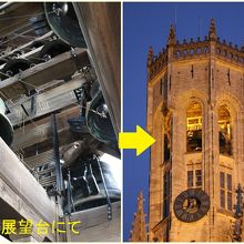 展望台の頭上にはたくさんの釣鐘が。