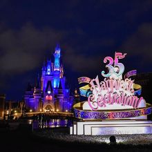 夜のライトアップしたシンデレラ城と３５周年