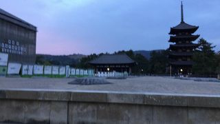 再建される中金堂と前に並ぶ中門の礎石