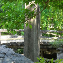 梅園の中の筆塚と、背景に見える古橋が、緑の樹々に映えています
