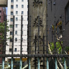 柳森神社の入口の東側にある標識石柱です。前に柵が見えます。