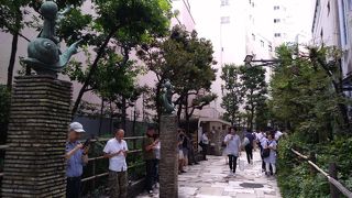 路地の両脇に植物が植えられた細い路地が続き、たいへんきれい