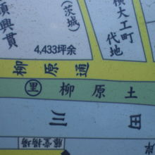 公園の古地図の柳原土手の標示を、拡大すると、記載が解ります。