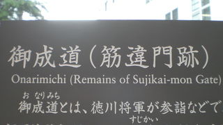 将軍が、日光東照宮におもむく際に通る道を、御成道と言います。万世橋の傍に解説板があります。
