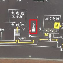 湯島聖堂の見学順路における孔子銅像の場所が記載されています。