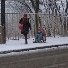 木のそりを引っ張るお母さん