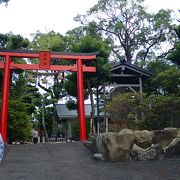 神社の赤い鳥居を通り、ロープウェイ乗り場へ