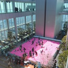 二層構造の展望台で中央に遊び場。桜の鉢植えは桜に気の毒