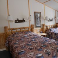 山小屋風の雰囲気のあるお部屋、お湯の量に制限があるようです。