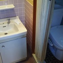 洗面台とトイレ。トイレはなぜかアコーディオンカーテンで仕切る