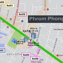 プロンポン駅のソイの地図です。奇数のソイが北側で、偶数が南側
