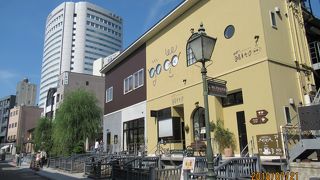 小川に沿って町がある