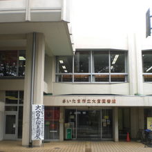 大宮図書館の正面の様子です。図書館の入口は、左側にあります。