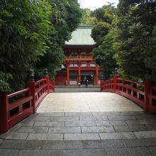 氷川神社の神池の橋の奥に、舞殿の前の楼門が見えています。