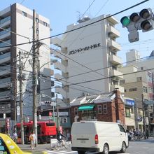 団子坂下の交差点　団子坂はこの右側　左には谷中を回るメグリン