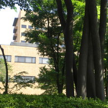 逓信病院の建物を背景とする日本赤十字社発祥の地の標識です。