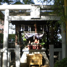 市谷の出世稲荷神社は、木陰の中に、白く浮かび上がって見えます