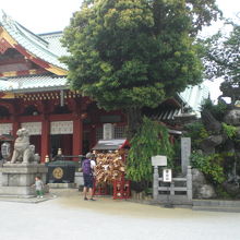 神田明神の本殿の横にある獅子山と解説板と標石柱の様子です。