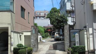 住宅に挟まれ庭木がある静かな寺院です