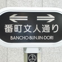 日本テレビ通りと交差する地点にある、番町文人通りの標識です。