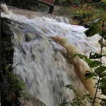 雨だから水量が多いです。奥に橋があります。