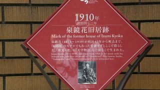 泉鏡花の旧居跡の標識が、文人通りから入った路地にあります。