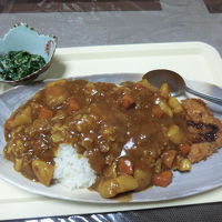 夕食の一例。内容は日替わりで、この日はカツカレーでした。