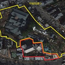 放生寺は、早稲田通りの南側です。赤色が放生寺、黄色が穴八幡宮