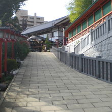 放生寺の本堂と石の参道です。右側は、穴八幡宮の敷地です。