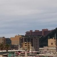 レンガ色が城山ホテル。たぶん鹿児島市内で一番高いところにある