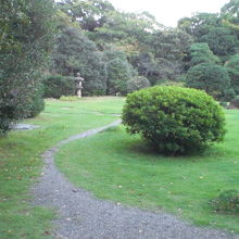 大隈庭園の中の遊歩道の様子です。緑の広い芝生の中の小路です。
