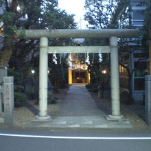 天祖神社の入口の鳥居と奥の本社殿の様子です。細長い境内です。