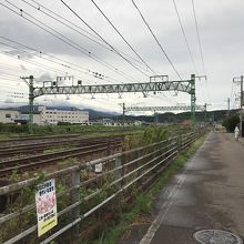 線路越しに春日山城跡を望む