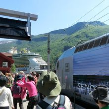 入港中の船とフロム駅の列車