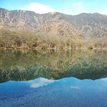 透き通った池と紅葉が映える