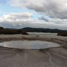 湖畔に活発な地熱活動を観察できる