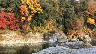 対岸の紅葉が川面に映る風景